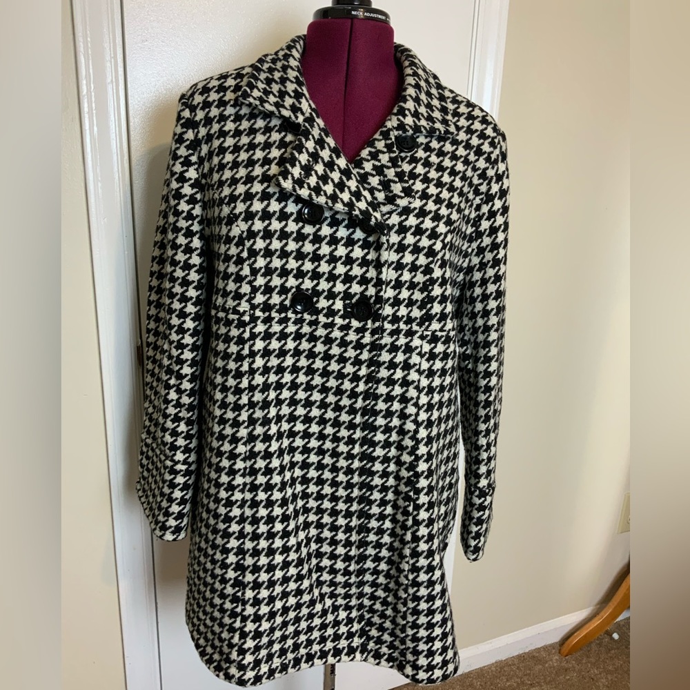 Like New Cato Wool Blend Geometric Pea Coat Herringbone Black/White - Picture 3 of 16